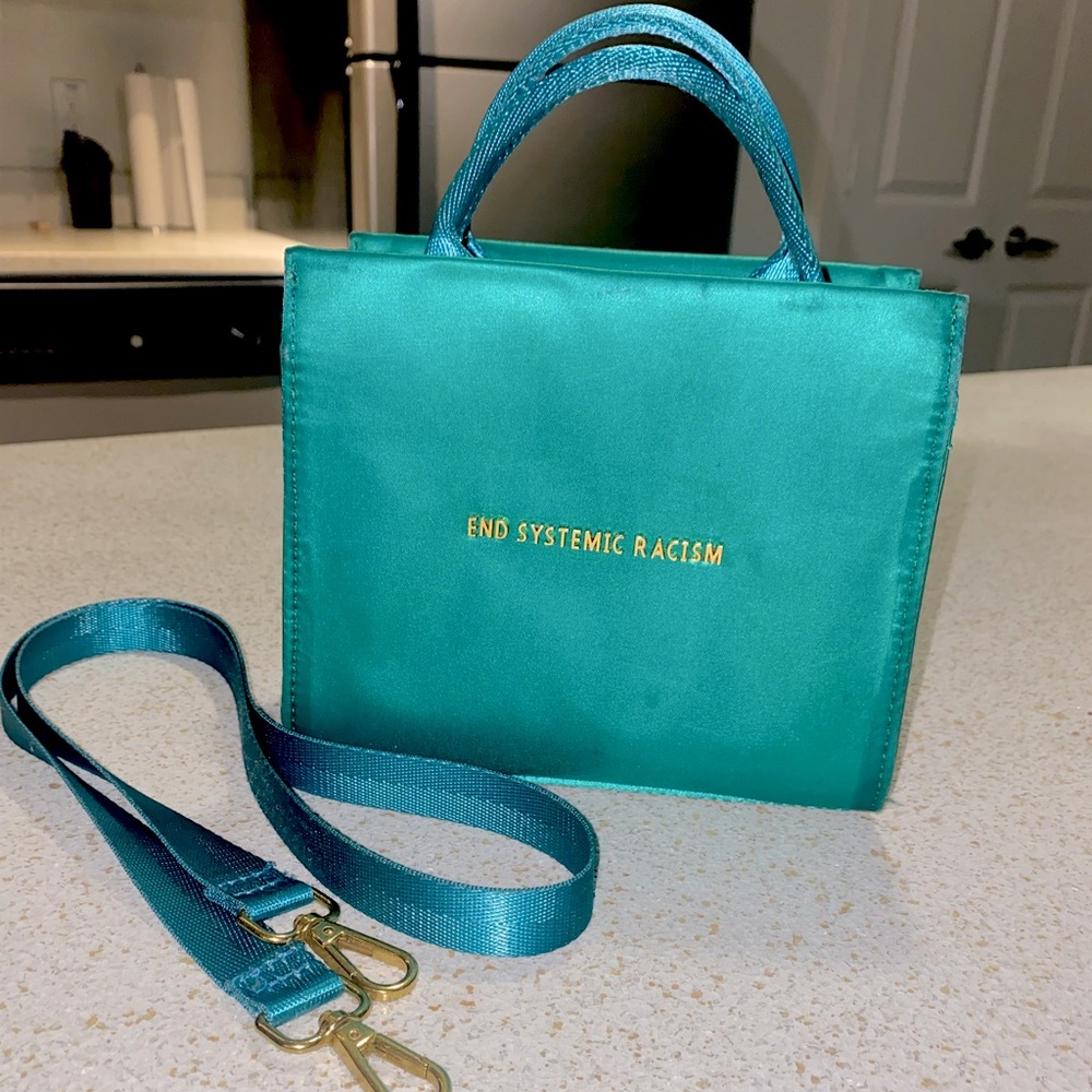 Brandon Blackwood “ESR” satin green tote